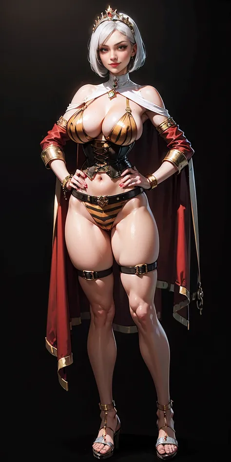 ((BLACK BACKGROUND,1:2, masterpiece)), full body MILF BIMBO standing with two long thighs and two high heels, red eyes, silver white hair, short bob style hair, big breasts, cleavage, separate sleeves, tiara royal, long cape up to two feet, yellow bikini, ...