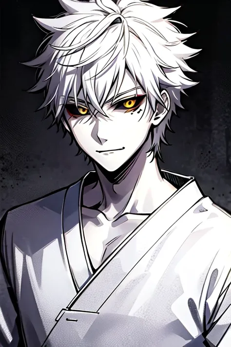 1boy, black sclera, closed mouth, collarbone, colored sclera, grayscale, japanese clothing, looking at the viewer, male focus, monochrome, short hair, smirk, solo, spiked hair, spot color, white hair, upper body, yellow eyes