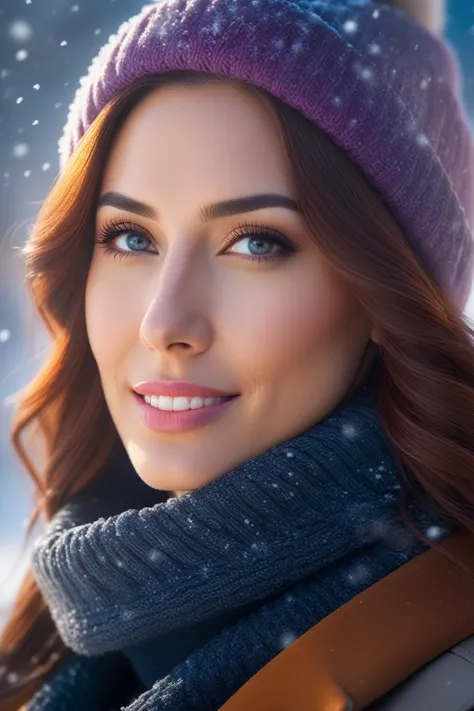 a photo of a woman, outdoor professional portrait, head-shot, slight smile, cute, winter wether,masterpiece, best quality, (colorful), cinematic lighting, extremely detailed CG unity 8k wallpaper,   