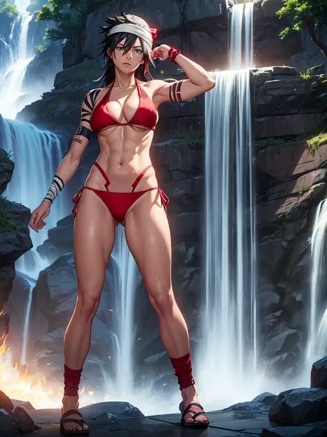 （8k, RAW photos, minino：1.1） ，female，（looki at viewer company），cowboy lens，Japanese，kukaku shiba/ (bleach），（red bikini：1.1），La Brett Piercing，cleavage，(((redbikini)))，Be red on the face, full body photo, standing, seductive, lean, muscular legs, muscular b...