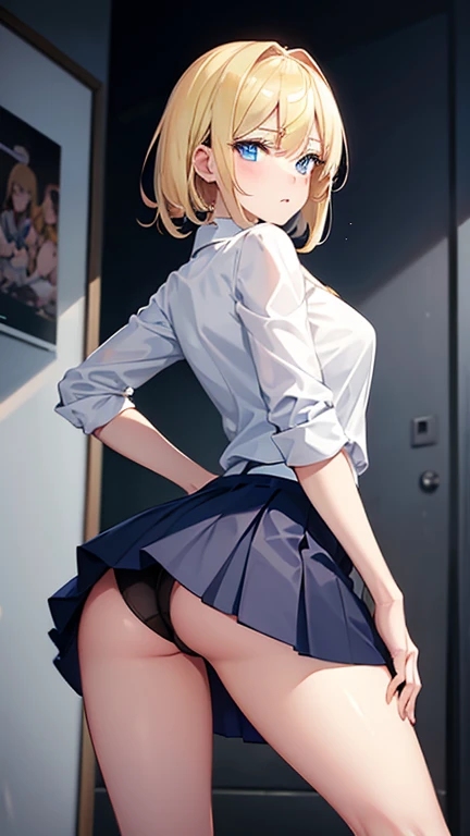 a blonde girl, with blue eyes, wearing a , short skirt, lifting her skirt with her hand, from behind, bending over, looking back, showing her ass