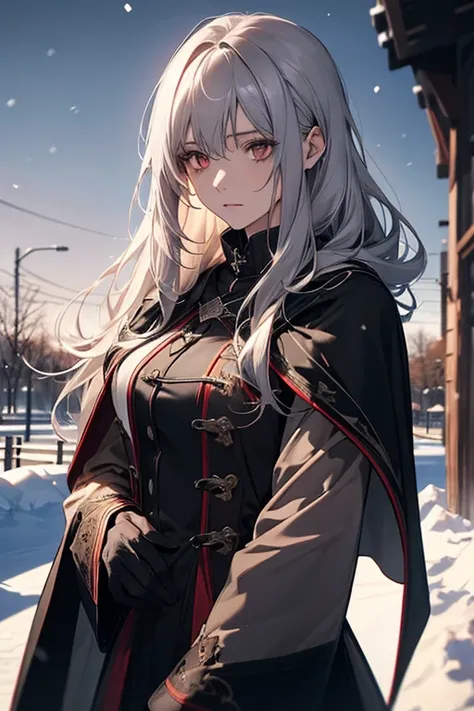 (Confused, High resolution, Very detailed), 1 female, Silver Hair,Long Hair,Reddish brown eyes,Black single-sided cape coat,suit,Mid-20s&#39;s,Beautiful woman,mature,thin,quiet,Calm,Snow Scene