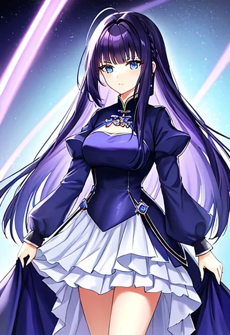 She has long, black, beautiful hair.，princess cut hairstyle，purple hair, ，Big blue eyes，Deep purple hair，Height 1.85 meters，Fair skin。Calm personality，Cold but elegant，Sometimes lively。Blue and white Chinese dress，Layered skirt，