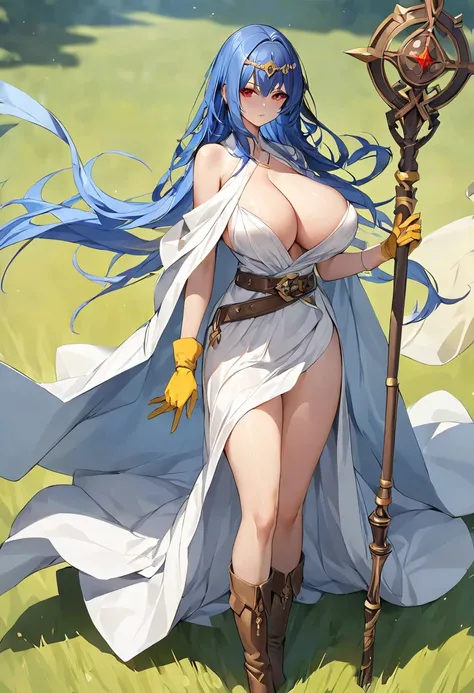 masterpiece, highest quality, Very detailed, figure, Sage_(dq3), One girl, (holding staff, staff:1.3), alone, Long Hair, Blue Hair, Circlet, Red eyes, big breasts, yellow gloves, White Dress, belt, Cape, boots, Cleavage, Exposing shoulders, underwear, Are ...