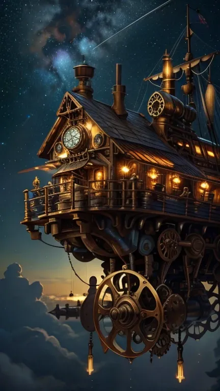 background picture, starry sky, steampunk, floating building, (large propellers), cogwheels, pipe, bulbs