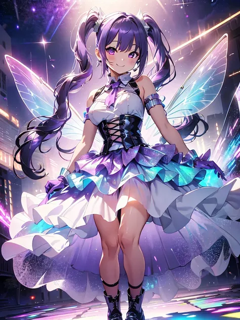 Top image quality、(((full body Esbian))),Standing picture、Outstanding style、Smile with all your might、beauty legs、Leather shoes、dynamicposes、, Younger、Gothic lolita, (((Light purple hair))), Purple eyes, (mascara), Blunt bangs, ((hair over eyes)), Long hai...