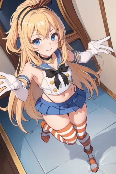 (masterpiece, highest quality;1.3), Highly detailed CG, Super detailed, One girl, alone,  smile,  View your viewers, stylish angle, Blonde long hair,blue eyes,
SV1,Orange Choker, White gloves, jewelry, From above, Raise your arms,
 Simakos, mini skirt,Crop...