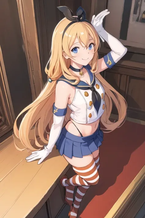 (masterpiece, highest quality;1.3), Highly detailed CG, Super detailed, One girl, alone,  smile,  View your viewers, stylish angle, Blonde long hair,blue eyes,
SV1,Orange Choker, White gloves, jewelry, From above, Raise your arms,
 Simakos, mini skirt,Crop...