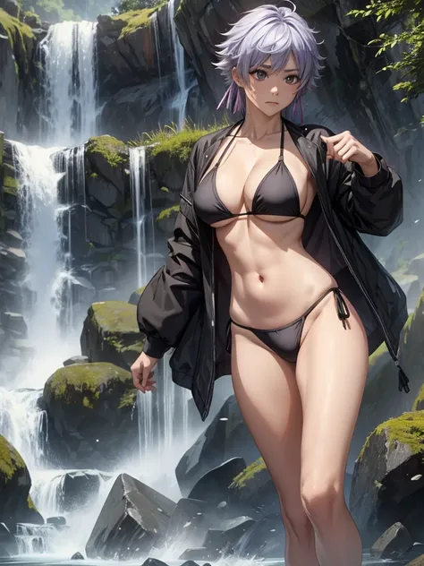 （8k, RAW photos, minino：1.1） ，female，（looki at viewer company），cowboy lens，Japanese，isane kotetsu/ (bleach），（black bikini：1.1），La Brett Piercing，cleavage，(((black bikini)))，Be red on the face, full body photo, standing, seductive, lean, muscular legs, musc...