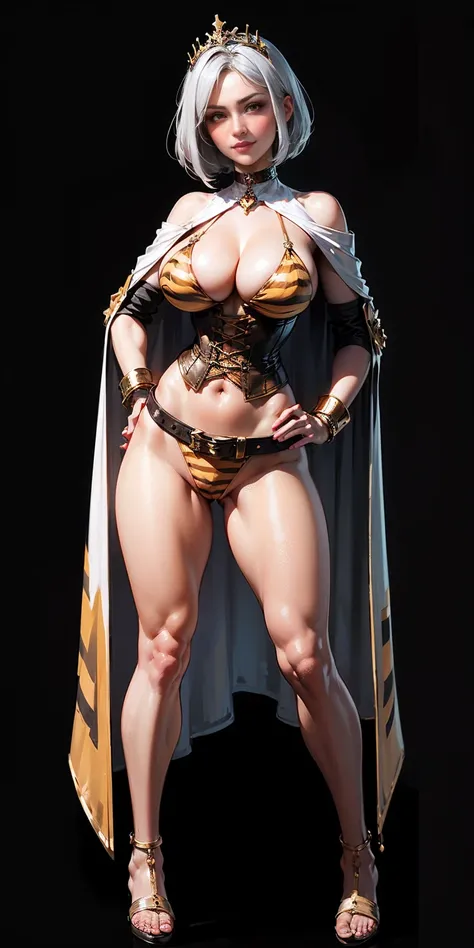 ((BLACK BACKGROUND,1:2, masterpiece)), full body MILF BIMBO standing with two long thighs and two high heels, red eyes, silver white hair, short bob style hair, big breasts, cleavage, separate sleeves, tiara royal, long cape up to two feet, yellow bikini, ...