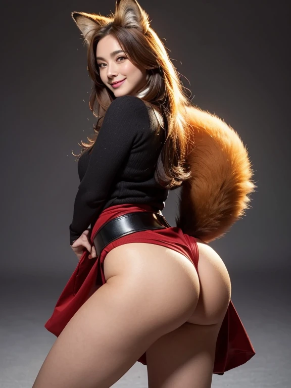 ((highest quality, 32k)), ((masterpiece)), (Familiar), Perfect Face, Fox Woman, Beautiful woman, public, She has a fluffy tail, She has a red fox&#39;s tail, She wags her tail, smile, Dog collar, She is wearing a tight skirt, Beautiful Hips, Big Butt, Show...