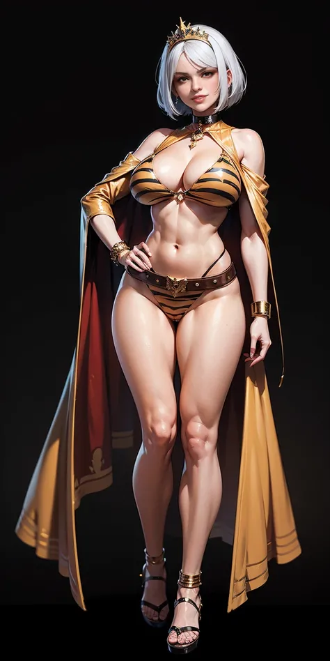 ((BLACK BACKGROUND,1:2, masterpiece)), full body MILF BIMBO standing with two long thighs and two high heels, red eyes, silver white hair, short bob style hair, big breasts, cleavage, separate sleeves, tiara royal, long cape up to two feet, yellow bikini, ...