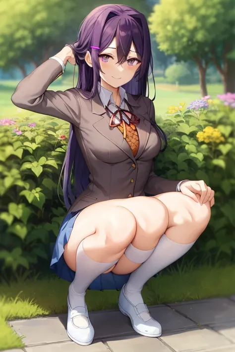 2d, masterpiece,  white panties, slim body, slim legs, spread legs, best quality, hands behind head, ((full body)), full pose, anime, highly detailed, cowboy shot, 1girl, solo, yuri, purple hair, purple eyes, long hair, hair between eyes, hairclip, , blaze...