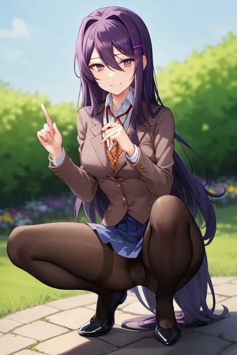 2d, masterpiece,  white panties, slim body, slim legs, spread legs, best quality, ((full body)), full pose, anime, highly detailed, cowboy shot, 1girl, solo, yuri, purple hair, purple eyes, long hair, hair between eyes, hairclip, , blazer, brown sweater, c...