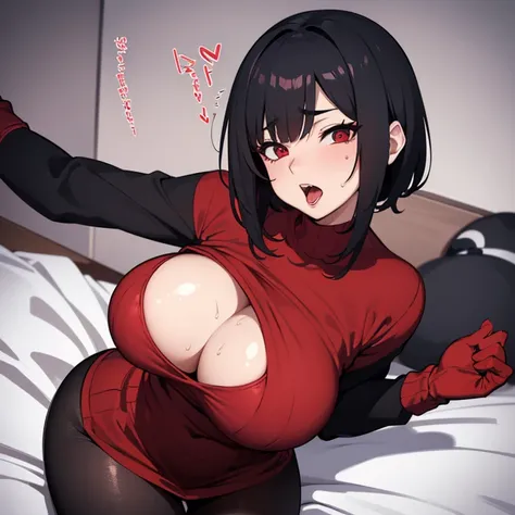 A wife(step mom), short black  hair, nice body line, nice red eyes, red tight sweater, and tight stockings, getting hot and sexy on a bed, appealing with a bounce and a panting face. She is about to pass out because of excitement. Sweating so hard. Obsesse...