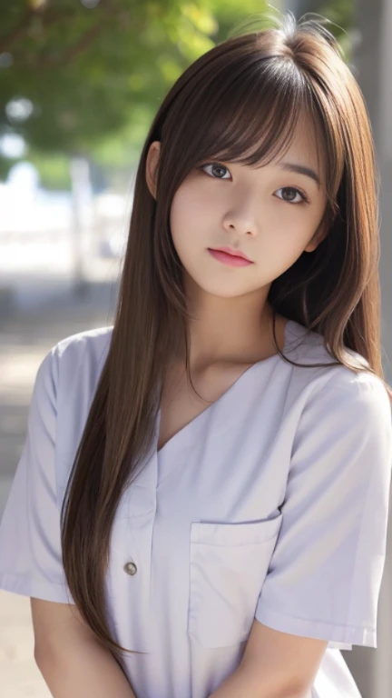 (Medium Chest)、Sexy cute looks and cute 15 year old beautiful girl, Beautiful and sexy face、A strong wind blows my hair in front of my face、Beautiful blonde with cute long straight hair, Sexy eyes hidden behind long bangs,slightly dark skin, height: 156cm,...