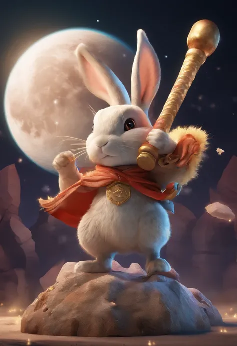 A huge, muscular rabbit、Rabbit carrying a mallet、Pounding rice cakes on the moon、full moon