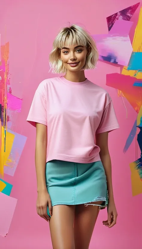 Cinematic fullbody photo Gen-Z fashion-focused beautiful young american woman with short skirt straight blond hair, donned in an oversize, heavyweight blank pink t-shirt , small crew neck, vibrant backdrop assembled with acrylic abstract of cheerful colors...