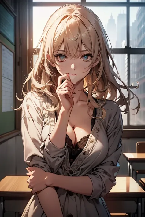 There is a strong sense of freshness and freshness,girl with,((serafuku)),  ‎Classroom, sunlights, window, see the beholder, Face in Love, I can see the cleavage:1.2, The finest beige underwear, Best Quality,Ultra-detailed, High resolution, extremely detai...