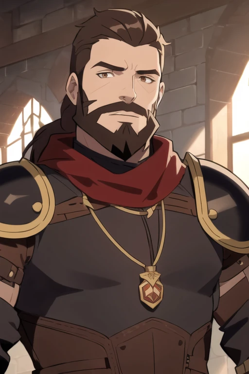 vox machina style, indoors, laboratory, detailed background,
1boy, handsome, male focus, solo, portrait, upper body, beard, brown hair, brown eyes, red scarf, leather armor, pendant, jewelry, black stone,
, ((masterpiece))
