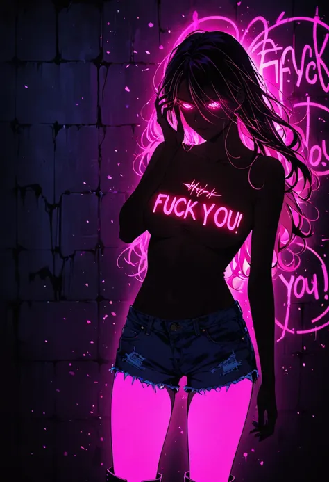 (Pink fluorescent Graffiti of mysterious FUCK YOU!!! :2.0)，indoor，Fluorescent illumination， (Darkness shrouded, black background, shadow, extreme darkness, Dark atmosphere：3.0),Wall background，black background，silhouette，shadow，extreme darkness，Minimalist ...