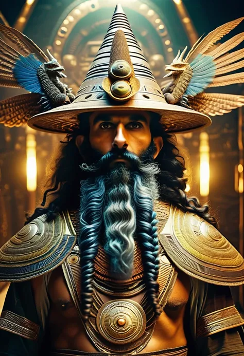 dslr photo of real ancient anunnaki antropomorphic alien sumerian gods, giant, hyper detailed starship interior, they have long curly beards, wings, a pinecone in the hand, and a long hat with sumerian luminescent writing in the hat, hyper detailed hyperre...