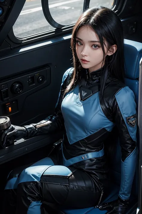 A beautiful woman. 20 years old. Black Hair. She was wearing a blue and black metal combat suit. She looked at the camera defiantly. She was sitting in the cockpit of a small spaceship.