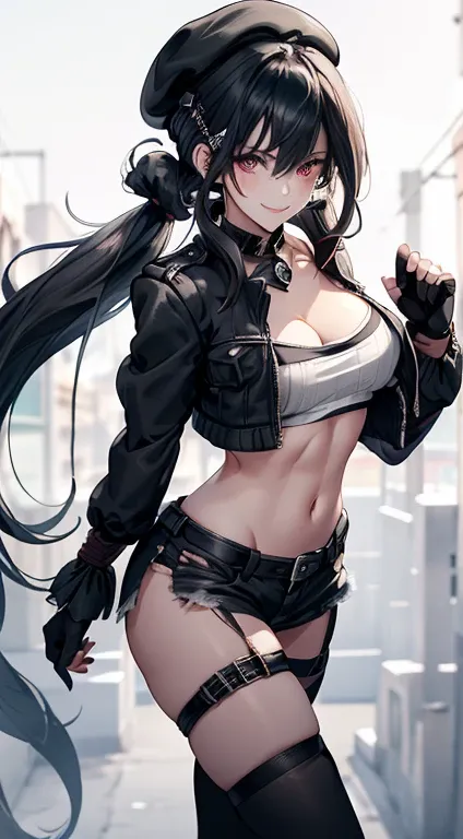 ubel,((ubel of Frieren: Beyond Journeys End )),dark green hair,long hair,side ponytail,hair between eyes,bangs, BREAK (beret, black jacket, open clothes, cleavage, midriff, black shorts, black thighhighs, thigh strap, fingerless gloves, single glove:1.2) ,...