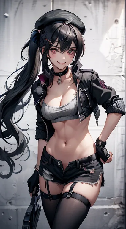 ubel,((ubel of Frieren: Beyond Journeys End )),dark green hair,long hair,side ponytail,hair between eyes,bangs, BREAK (beret, black jacket, open clothes, cleavage, midriff, black shorts, black thighhighs, thigh strap, fingerless gloves, single glove:1.2) ,...