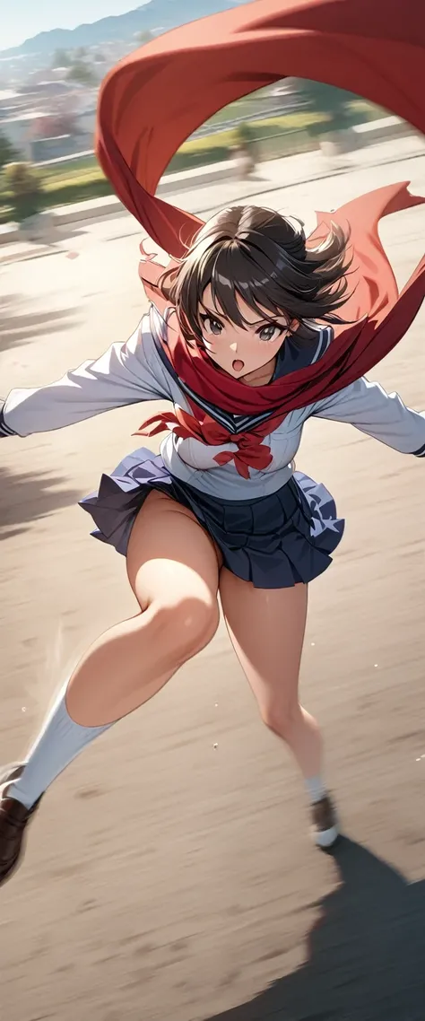 ((Masterpiece, top quality, high resolution)), ((highly detailed CG unified 8K wallpaper)), ((close up of Japanese high school girl dancing ))), High school sailor uniform with red scarf, urban park morning scene, (short skirt, long sleeved sailor uniform,...