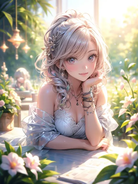 ((cute girl happily indulging in a wide variety of sweets on table)), with a joyful expression on her face, in a garden full of ...