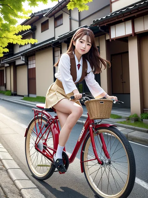 (masterpiece, High resolution, Photorealistic:1.4), (Japanese Girls:1.3),(Wearing school uniform:1.2) (Heading to morning class:1.2), (She rides a bright red bike:1.2), (Brown hair blowing in the wind:1.3), (Quiet and narrow streets:1.2), (sparsely populat...