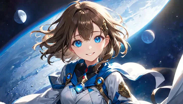 masterpiece, highest quality, Super detailed, figure,1 girl, looking at the viewer, highest quality,Depth of the bounds written,(closed mouth,light smile,blue eyes:1.1) BREAK  on the moon 