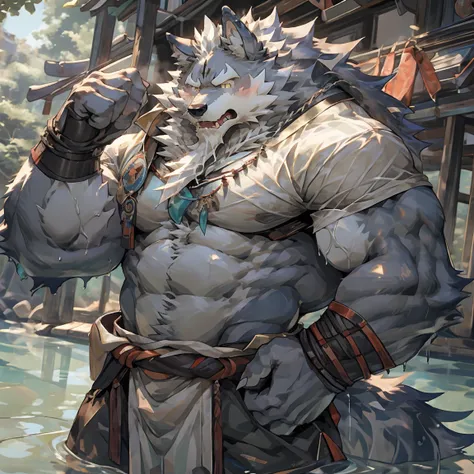 furry male grey wolf, law（sdorica）, muscular, strong build, muscular male, furry, wolf boy, white beard, a thin white beard, by ...