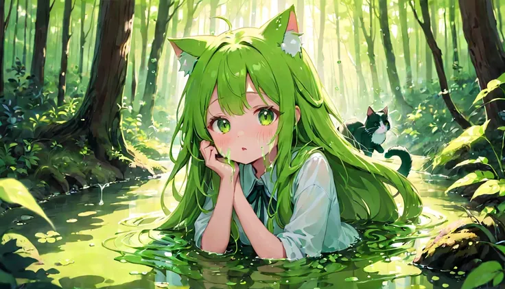 Cute girl, melted mucus, sticky liquid, green puddle, cute girl, woman with long hair, moving mucus, cat ears, in the forest