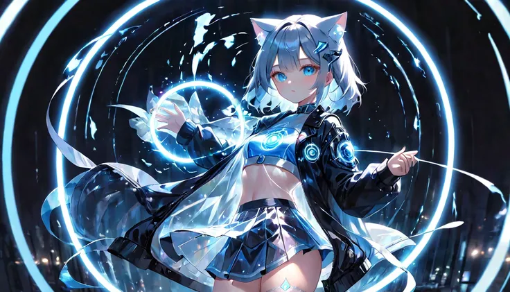 (masterpiece, best quality, very aesthetic, absurdres,general) , destroy,Cat ear,clear eyes,artificial intelligence,Glowing magic circle,(Shining middle woman:1.5),Transparent blue clothes, beautiful underwear,Fluttery skirt, see-through jacket