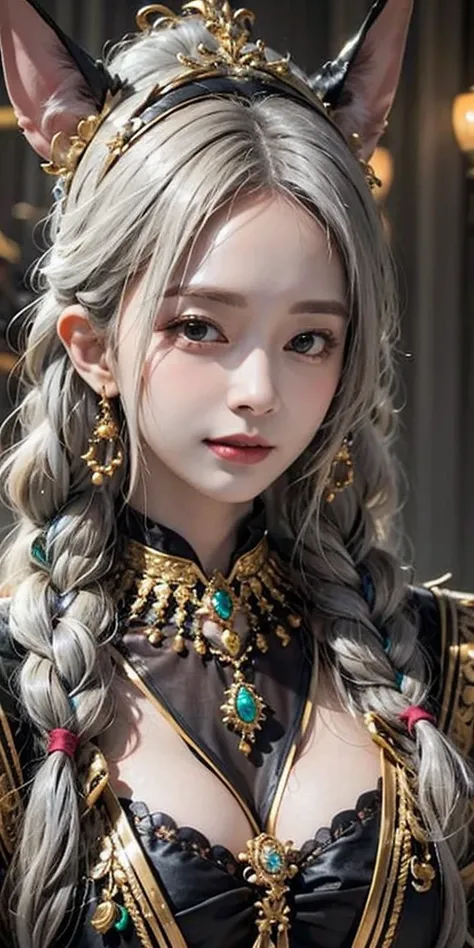 photorealistic, high resolution, soft light,1women, solo, hips up, shining skin, (detailed face), A woman wearing an idol of the god Anubis on her head, jewelry, tattoo, white hair, braid, smirking,