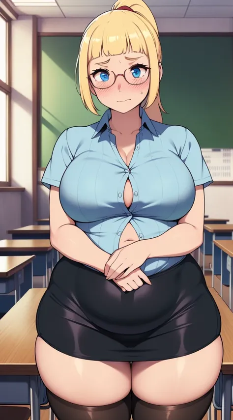 ((((kipteitei art)))), ((highres)),Masterpiece, high quality, best quality, beautiful, perfect lighting, detailed face, ultra cute face, ((1girl)), ((solo), long blonde hair, ponytail, blue eyes, glasses, embarrassed look, masochist, aroused, ((blush)), lo...