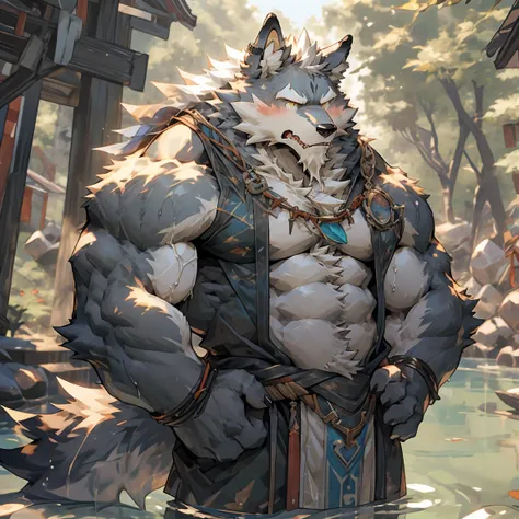 furry male grey wolf, law（sdorica）, muscular, strong build, muscular male, furry, wolf boy, white beard, a thin white beard, by ...