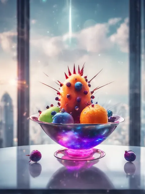 Colorful alien fruit with spikes in a bowl on a futuristic white table, in a futuristic apartment with a large window on the 100th floor, Fliegende Fahrzeuge fliegen am Fenster vorbei