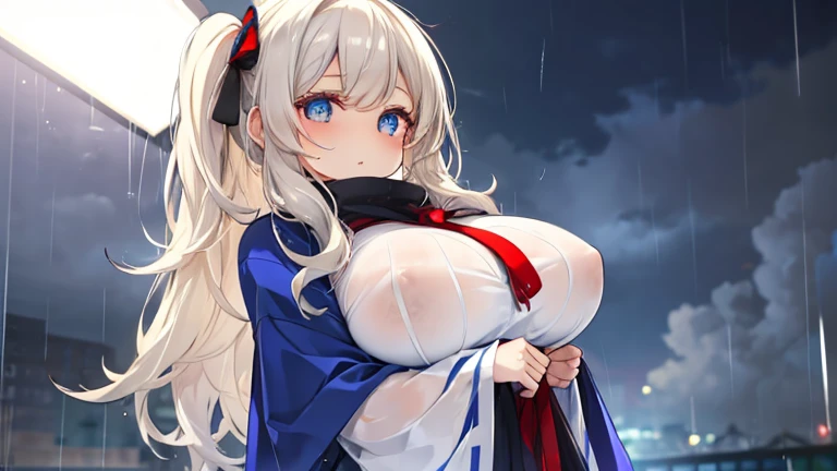 (masterpiece:1.2), (best quality:1.2), perfect eyes, perfect face, perfect lighting, 1girl, milf, gigantic breasts, sagging breasts, see through poncho, rainy weather, wet skin, wet cloth,