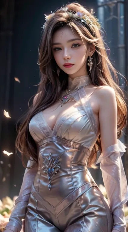 (Best quality,A high resolution,Masterpiece:1.2),Ultra-detailed,Realistic:1.37,Traditional portrait style,Detailed face and eyes,Beautiful lips,fine brushwork,soft, Flowing hair,Delicate flowers in the background,Subtle color palette,Soft lighting,A seamle...