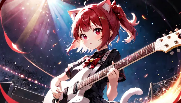 (masterpiece, best quality, very aesthetic, absurdres, general), 1 girl, cat ear, short ponytail, cute, kawaii, blunt bangs, short sideburns, red bow, focus on the face, fisheye, guitar,particles of light,long shot,medium breasts,destroy ,BREAK,junk