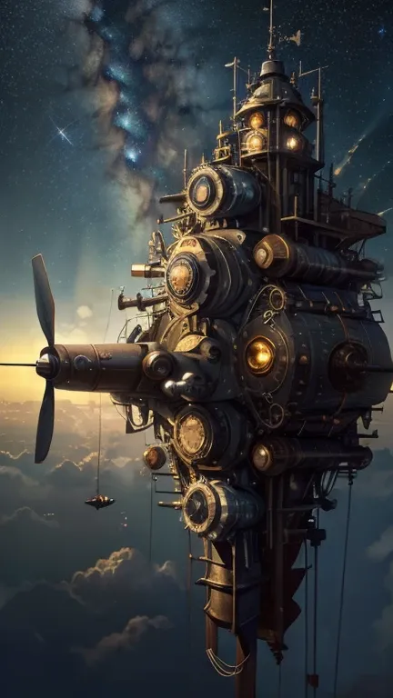 (((masterpiece))), (((high resolution))), background picture, starry sky, steampunk, floating building, (large propellers), driv...