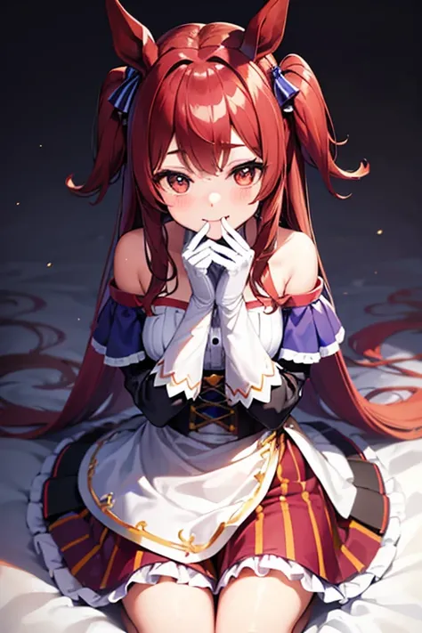 masterpiece, highest quality,, Current Chan (umamusume), smile, Sitting,, Vertical striped dress, Exposing shoulders, Off the shoulder, Mouth closed, Long sleeve, Collared dress, gloves, with own hands, put your hand on your chin,, Upper Body,, 