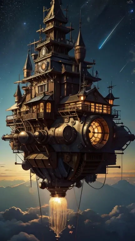 (((masterpiece))), (((high resolution))), background picture, starry sky, steampunk, floating building, vapor, (large propellers...