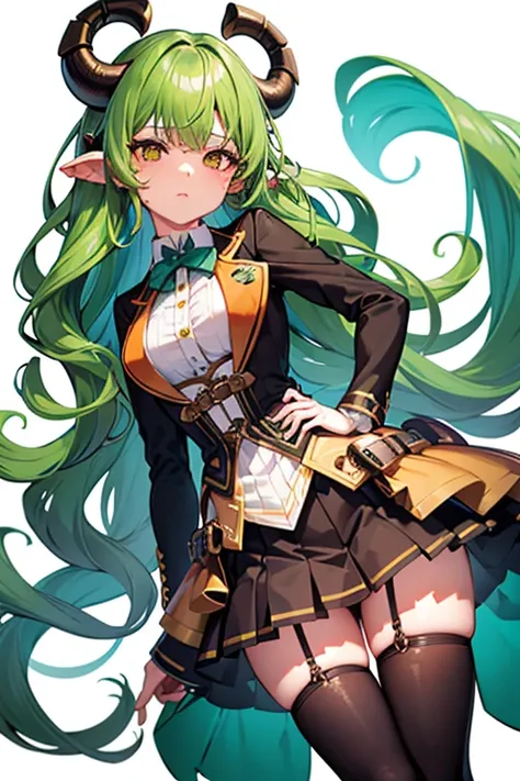 ((Live 2D))  masterpiece, One girl, whole body, Stand up straight, steampunk clothes, uniform, View your viewers, Detailed face, girl with green Wavy Hair, bangs, metal sheep horn, Gradient Hair, Multicolored Hair, Bright green hair, Turquoise hair tips, W...