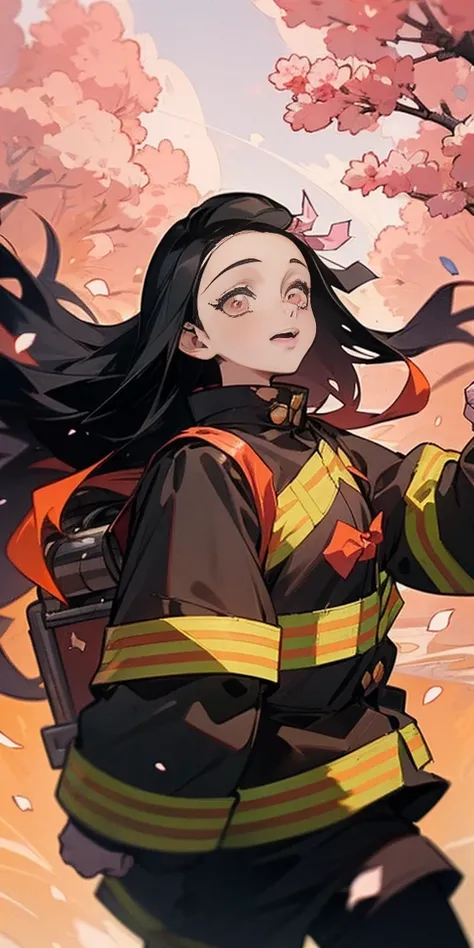 (Browsing Caution, Vulgar art:1.2),Nezuko, One girl, Black Hair, amount, hair ribbon,Long Hair, Multicolored Hair, Open your mouth, Pink Eyes, pink ribbon, ribbon, smile, very Long Hair, blue sky, Cherry blossoms in the background，Cherry blossoms are scatt...