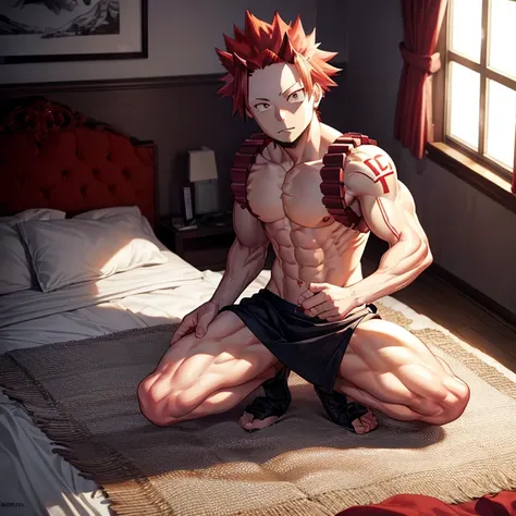 ((Masterpiece)), ((highest quality)), ((perfect anatomy )), ((male focus)), young male, Eijiro Kirishima_boku no hero academia, wearing a thong, squatting, at his bedroom