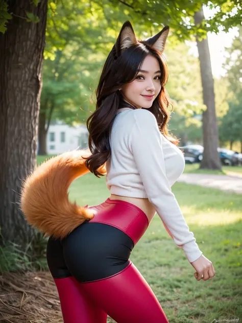 ((highest quality, 32k)), ((masterpiece)), (Familiar), Perfect Face, Fox Girl, Beautiful woman, public, She has a fluffy tail, She has a red fox&#39;s tail, She wags her tail, smile, Dog collar, She is wearing leggings, Beautiful Hips, Big Butt, Showing of...